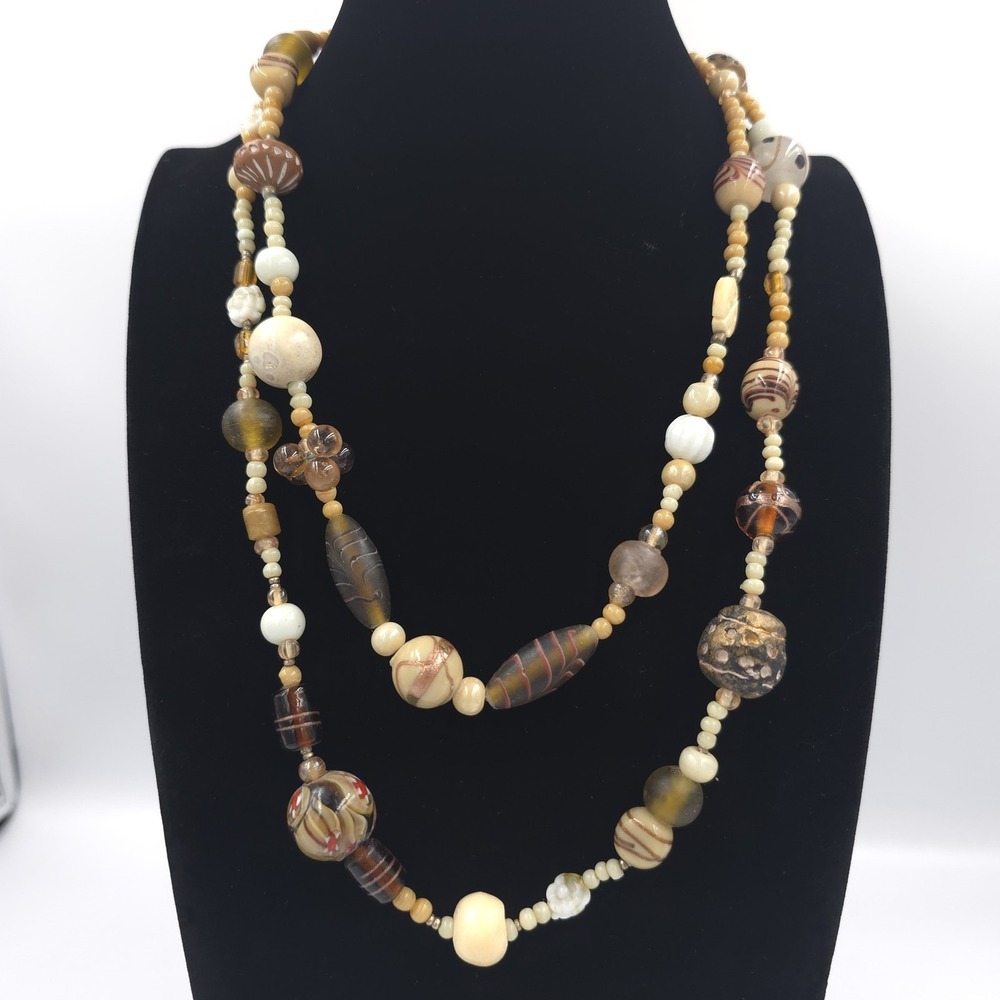 Vintage Beaded Necklace Lampwork Earth Tone Glass Ceramic Beads Long boho